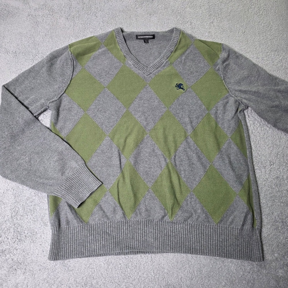 Express Mens Large Sweater Grey Green Argyle V-Neck Cotton Embroidered Logo